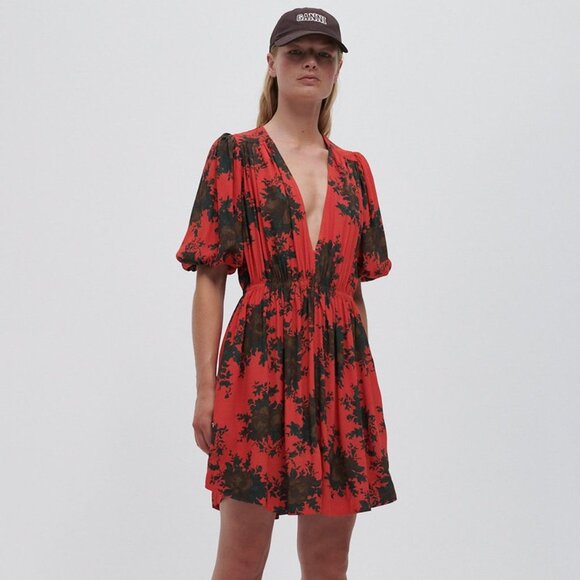 Ganni - Floral Print Crepe Mini Dress in Red - Picture 9 of 10